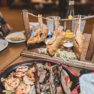 Shrimp and steak fajitas, empanadas