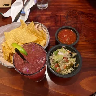 Prickly Pear Marg, Mexican Slaw, chips and salsa