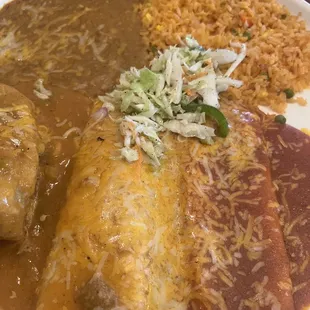 Make your own combo plate with a smothered burrito, enchilada, and chili rellano.