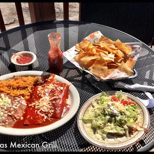 Choose three combo, burrito- enchilada and tostada with rice and beans.