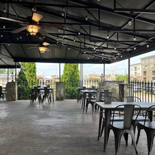 a patio with tables and chairs