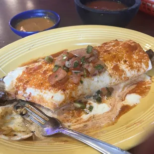 Beef steak burrito.  Bean salsa and red salsa.