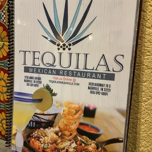 Tequilas Menu with location address and phone.