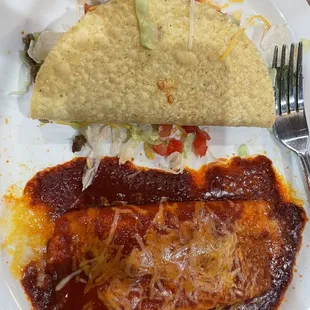 Ground beef taco and cheese enchilada