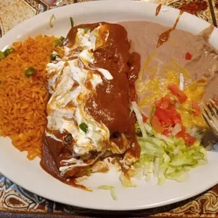 Beef chimichanga especial with beans and rice.