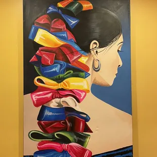 a painting of a woman with tacoss on her head