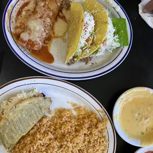 Pan fried taco and rice, 2 beef tacos, beef enchilada