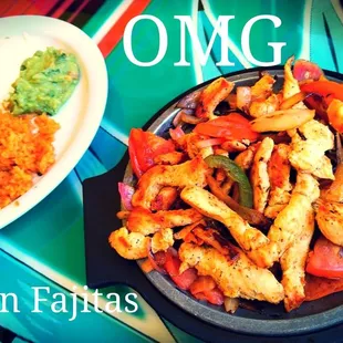 Great Fajitas with Rice n Beans, Pico, Guacamole n Creama and Hot rolled Tortillas