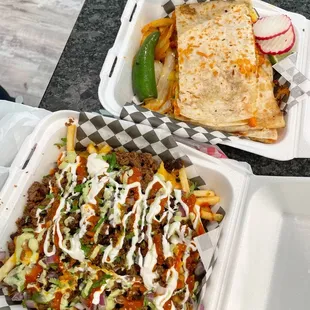 Chicken Quesadilla and Tequileros Fries with Asada
