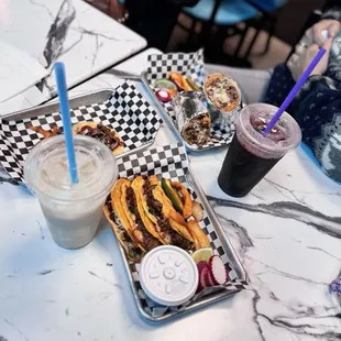 Queso-birria tacos, horchata, Jamaica