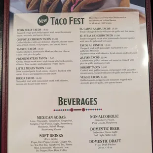 Taco Fest section of the menu