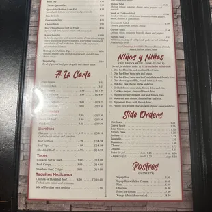Menu at Tequila Jalisco