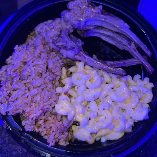 Lamb chops with Mac and cheese and jollof