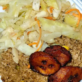 Plantain, brown rice and cabbage