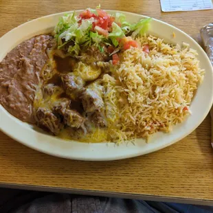 Carne Guisada with cheese plate