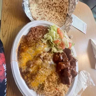 Enchilada plate with Carne Guisada
