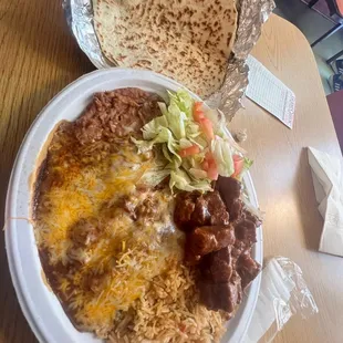 Enchilada plate with Carne Guisada