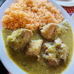Pork in Chile Verde with rice (normally comes w/ rice &amp; bean)
