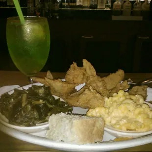 a plate of food and a drink