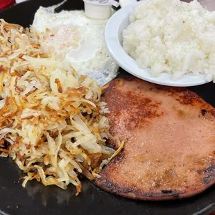 Fried Bologna, two eggs OE, grits and Hash Browns.