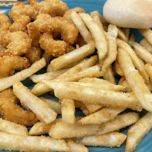 Fried shrimp and coated fries