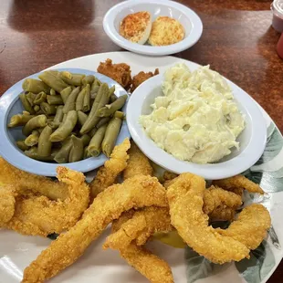 Fried Catfish, Green Beans, Potato Salad and Deviled Eggs.