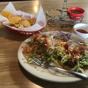 Chips &amp; salsa, Chicken Sope and a ground beef tostada.