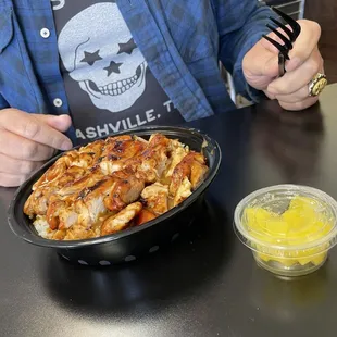 Look who's ready to eat!  Chicken Curry Bowl. Chopped daikon is in the little container.