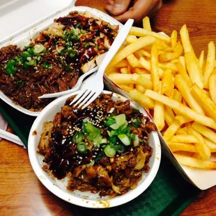 Big plate (1/2 beef &amp; 1/2 chicken) Small pork bowl, and large order of fries!