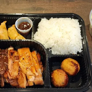 Beef &amp; chicken teriyaki  bento, comes up takoyaki, gyoza, rice, and salad!