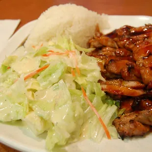 The ever famous Teriyaki Chicken! (T1 on the menu) Delicious! Comes with salad and rice.