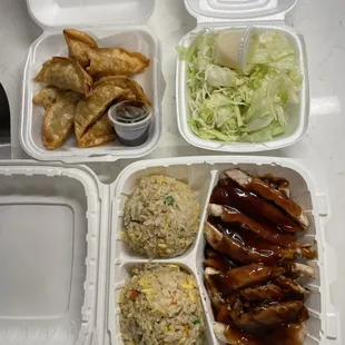 White Teriyaki Chicken, sub fried rice for white, side salad, 8pc gyoza. $17