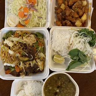 Orange chicken, Beef Yakisoba, and Beef Pho