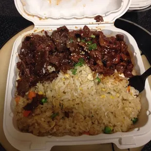 Spicy beef and pork, takeout portion.