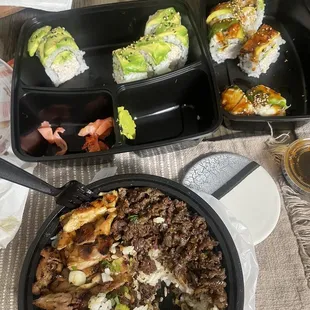 Dragon roll , avocado roll and a chicken and beef teriyaki bowl! Omg BOMB!!! Soooo yummy