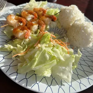 Prawns Teriyaki with rice and salad