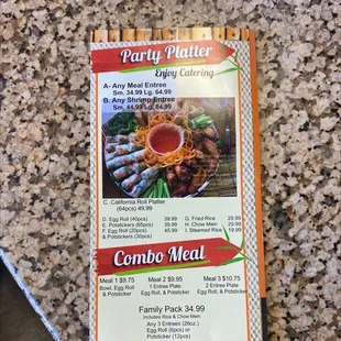 a menu for a party platter