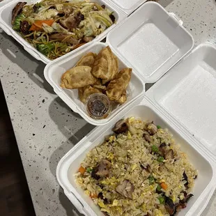 Chicken Yakisoba, Gyoza, Chicken Fried Rice.