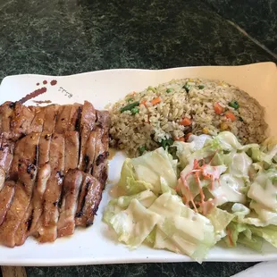 Chicken teriyaki, fried rice and salad