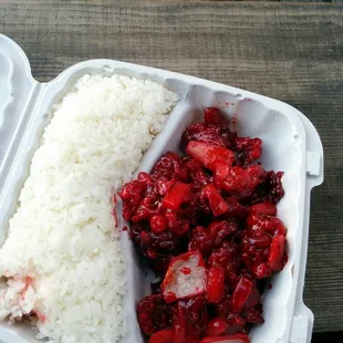 Didn&apos;t expect indistinguishable red blobs when ordering sweet and sour chicken.  Not well represented by picture on the menu.