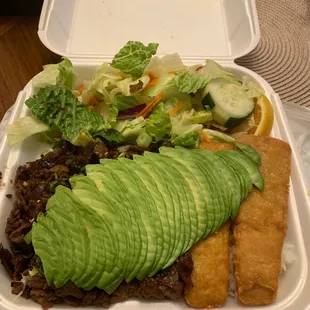 Beef teriyaki with avocado , Salad and Chips(Fish)