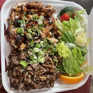 Chicken and beef teriyaki plate
