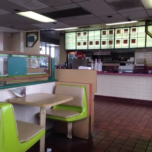 Seats torn wallpaper falling but the place is clean and food great.