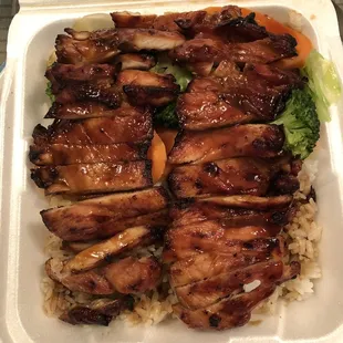 Double chicken teriyaki , rice and vegetables.  Oh so very good!  As usual!
