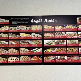 Sushi rolls menu