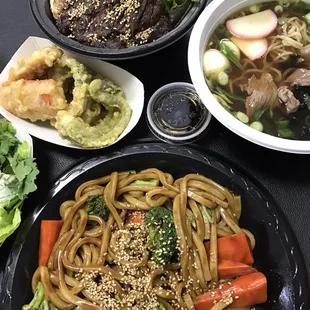 Udon sauté noodles, beef soup, chicken and beef teriyaki bowl and vegetables tempura.