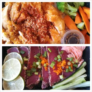 Spicy fried chicken bowl, seared tuna on seaweed salad