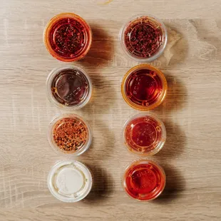 Ponzu Sauce, Korean Spice, Tempura Sauce, Hot Oil, Chili Powder, Sweet &amp; Spicy Sauce, Creamy House Dressing, Sriracha