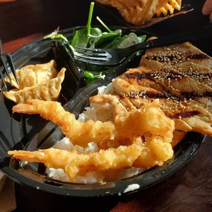 Teriyaki Chicken and Shrimp Ten Don with 2 gyozas