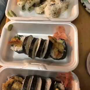 (Top to Bottom) Spicy Tuna Roll, Shrimp Tempura Roll, and Softshell Crab Roll